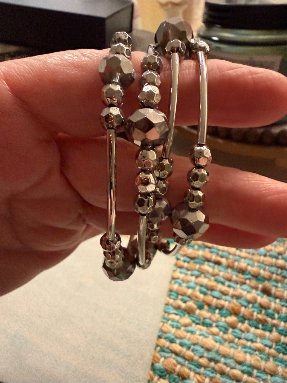 Stackable Faceted Bead Bangle Bracelet Set - Silver Tone